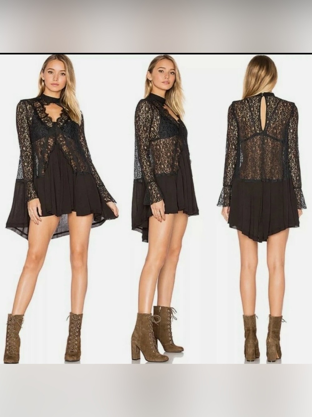 Free People Lace Tunic Dress Tell Tale Black Cutout Fairygoth Whimsygoth boho XS